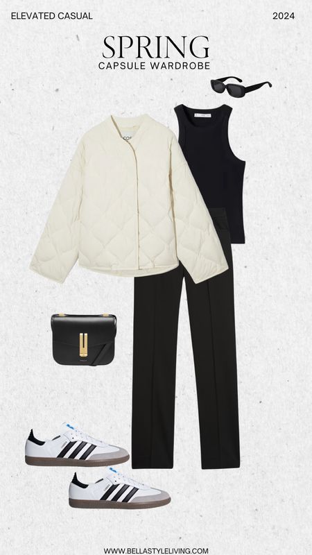 Athleisure elevated casual spring capsule wardrobe, outfit idea. Pair black trousers and black tank top with a light weight jacket and Adidas Samba sneakers.

#LTKfindsunder100 #LTKstyletip #LTKfitness