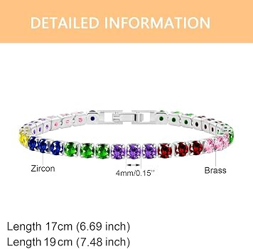 4mm Colorful Round Cut Cubic Zirconia Tennis Bracelet - Platinum Plated Bracelets for Women - Siz... | Amazon (UK)