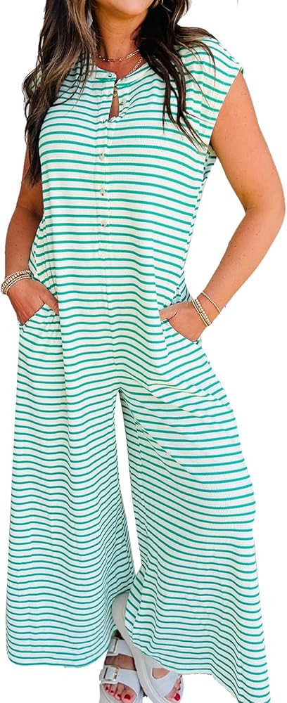 Womens Striped Jumpsuit Sleeveless Button Down Wide Leg Jumpsuit One Piece Rompers Pants with Poc... | Amazon (US)