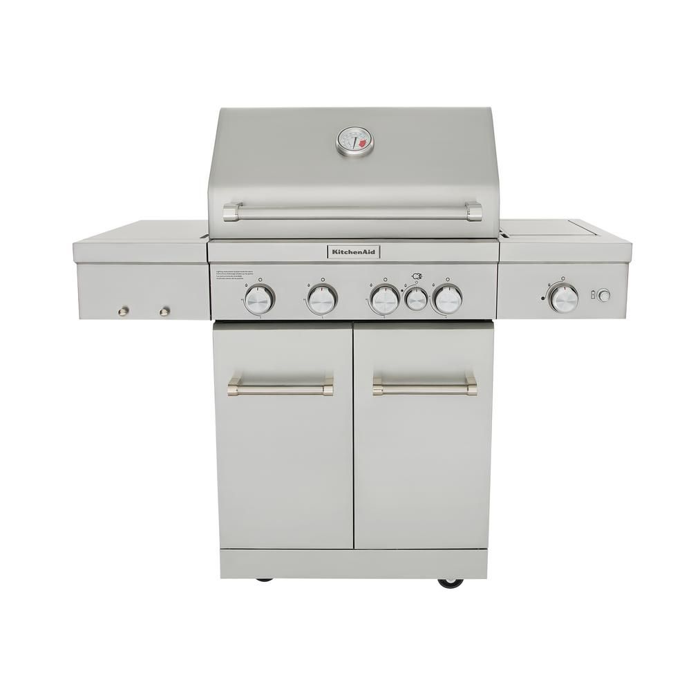 KitchenAid 4-Burner Propane Gas Grill in Stainless Steel with Ceramic Searing Side Burner and Rotiss | The Home Depot