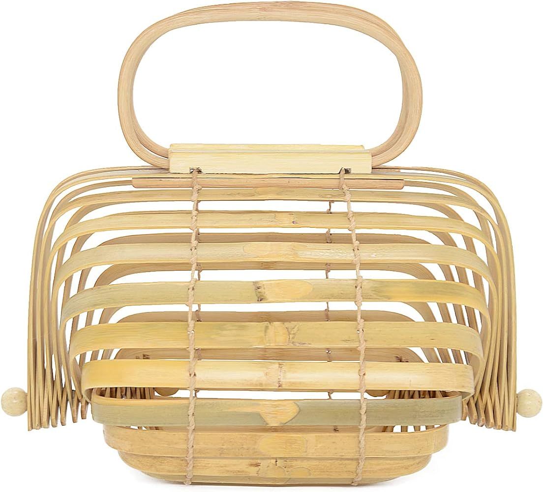Women Bamboo Bag Handmade Basket Nest Large Bag Hollow Tote Lantern Beach Bag | Amazon (US)