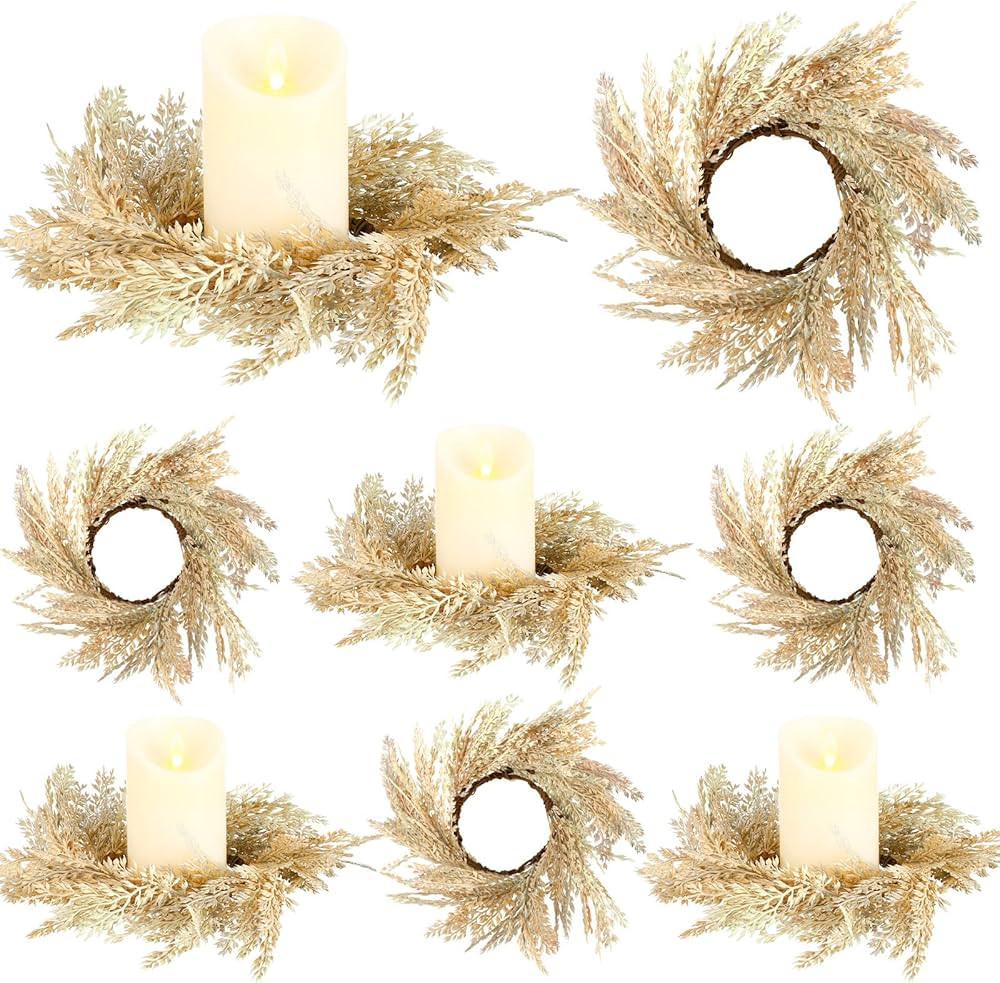 Hanaive 8 Pcs Boho Candle Rings Wreaths 3.9 in Wedding Faux Pampas Wreath Small Door Wreath Candl... | Amazon (US)