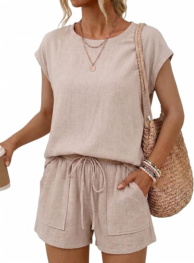COCCKO Women's 2 Piece Linen Shorts Set Summer Cap Sleeve Top High Waisted Drawstring Shorts Casu... | Amazon (US)