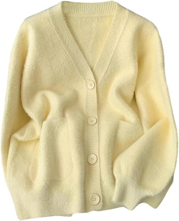 MakeMeChic Women's Fuzzy Cardigan Sweaters Button Down Long Sleeve V Neck Knit Furry Oversized Sw... | Amazon (US)