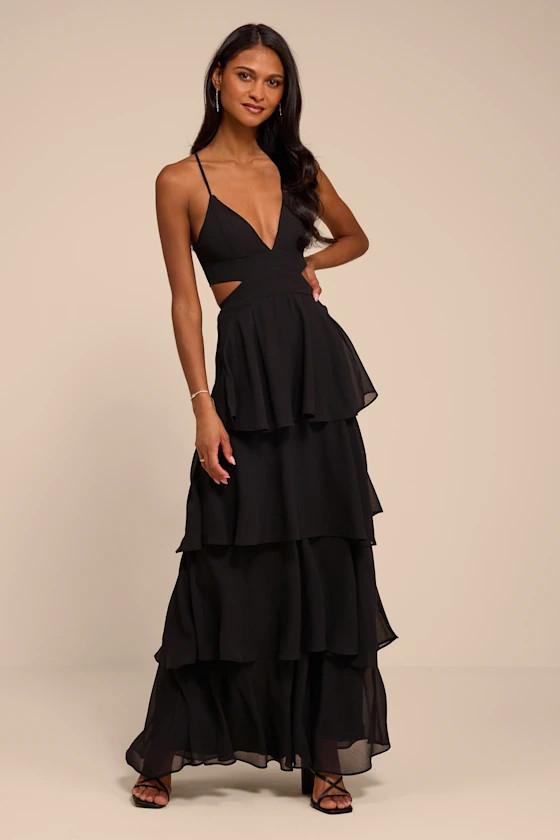 Tier and Now Black Tie-Back Tiered Maxi Dress | Lulus