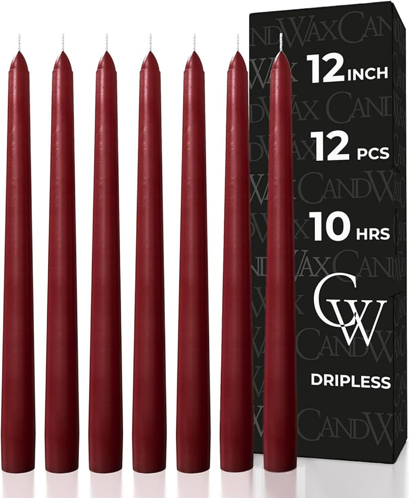 CANDWAX 12 inch Burgundy Taper Candle Set of 12 - Unscented Smokeless Dripless Candlesticks - Can... | Amazon (US)