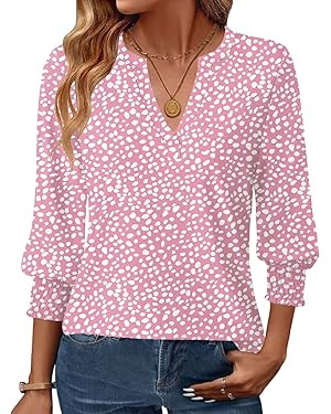 Womens 3/4 Sleeve Shirts V Neck Dressy Casual Spring Summer Blouses with Smocked Cuffs | Amazon (US)