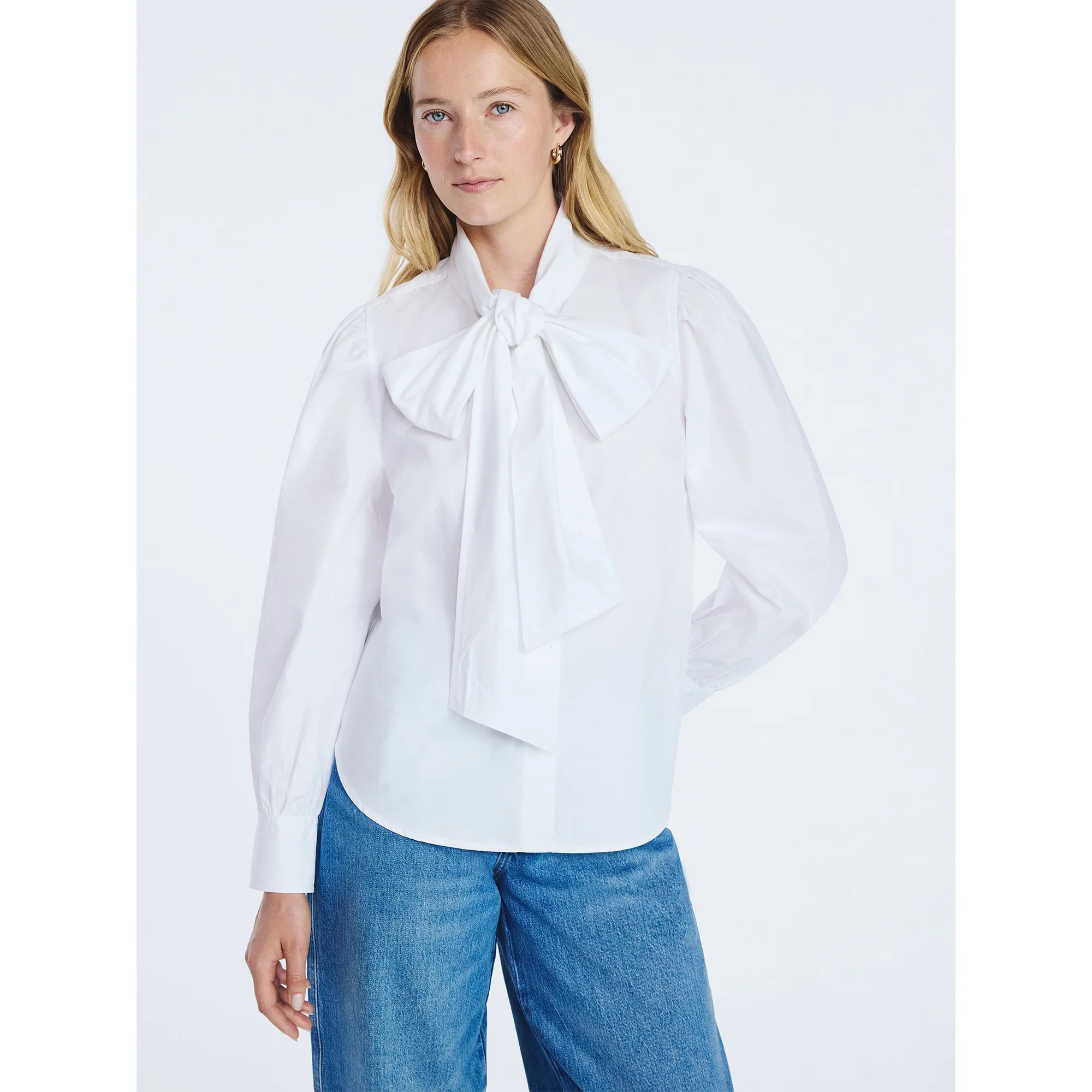 Free Assembly Women's Cotton Tie Neck Blouse with Long Puff Sleeves, Sizes XS-XXL | Walmart (US)