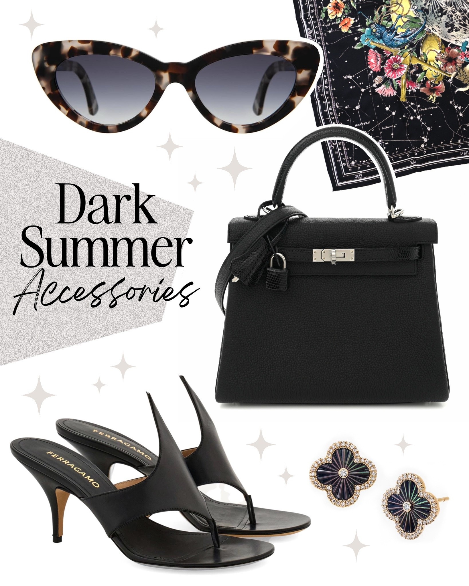 Dark accessories for summer 🖤 Illesteva Pamela cat eye sunglasses, Hermes Kelly, ferragamo fiamma high heel sandal, by adina eden clover earrings, Christian Dior silk scarf zodiac

#LTKMidsize #LTKStyleTip #LTKOver40