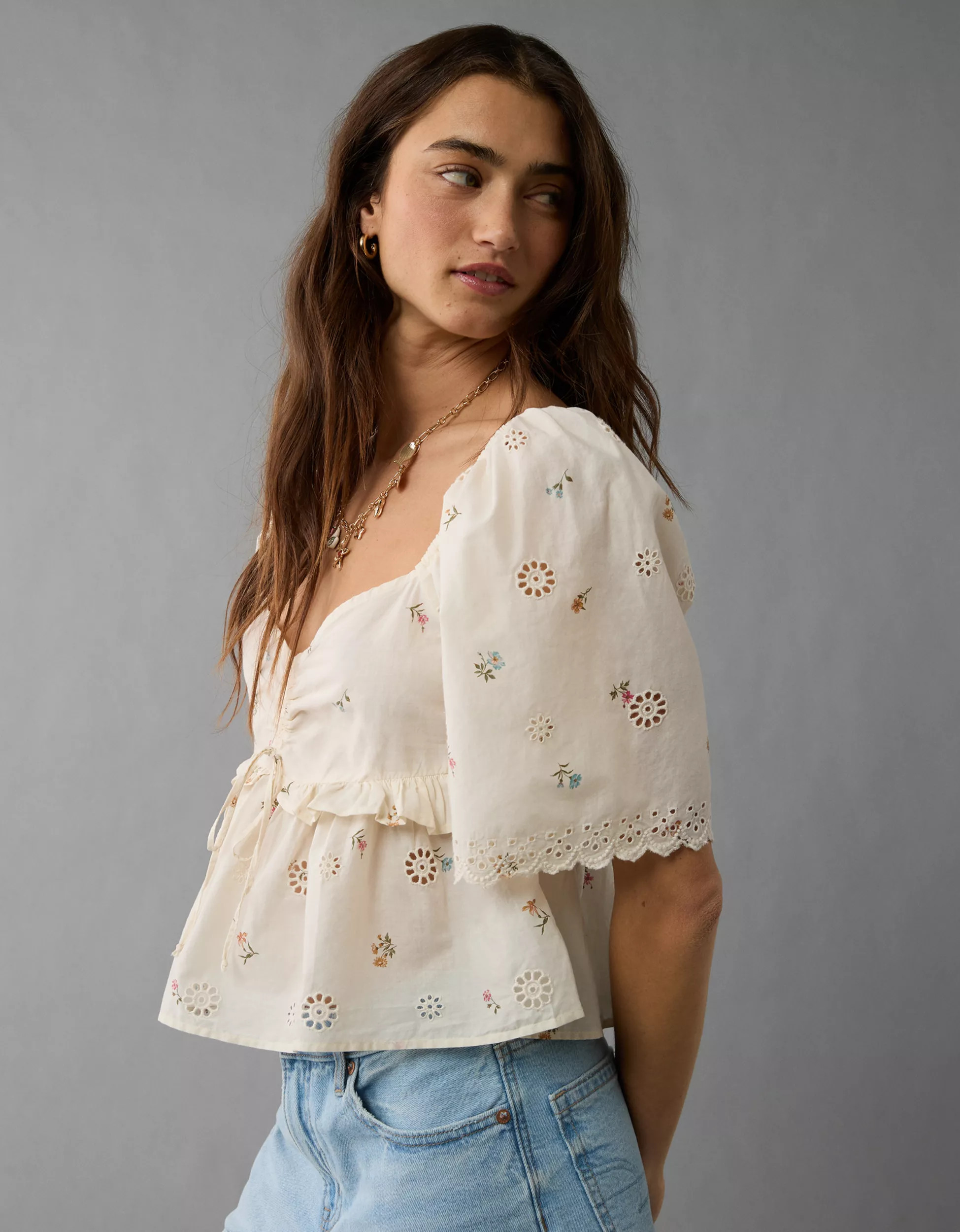 AE Flutter Sleeve Eyelet Babydoll Blouse | American Eagle Outfitters (US & CA)