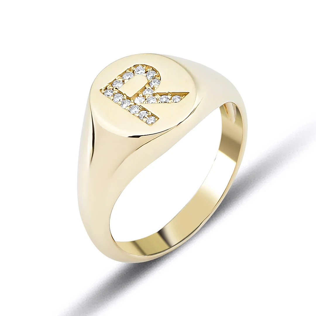 Initial Ring / Diamond Initial Ring / 14k Gold Signet Ring / - Etsy | Etsy (US)