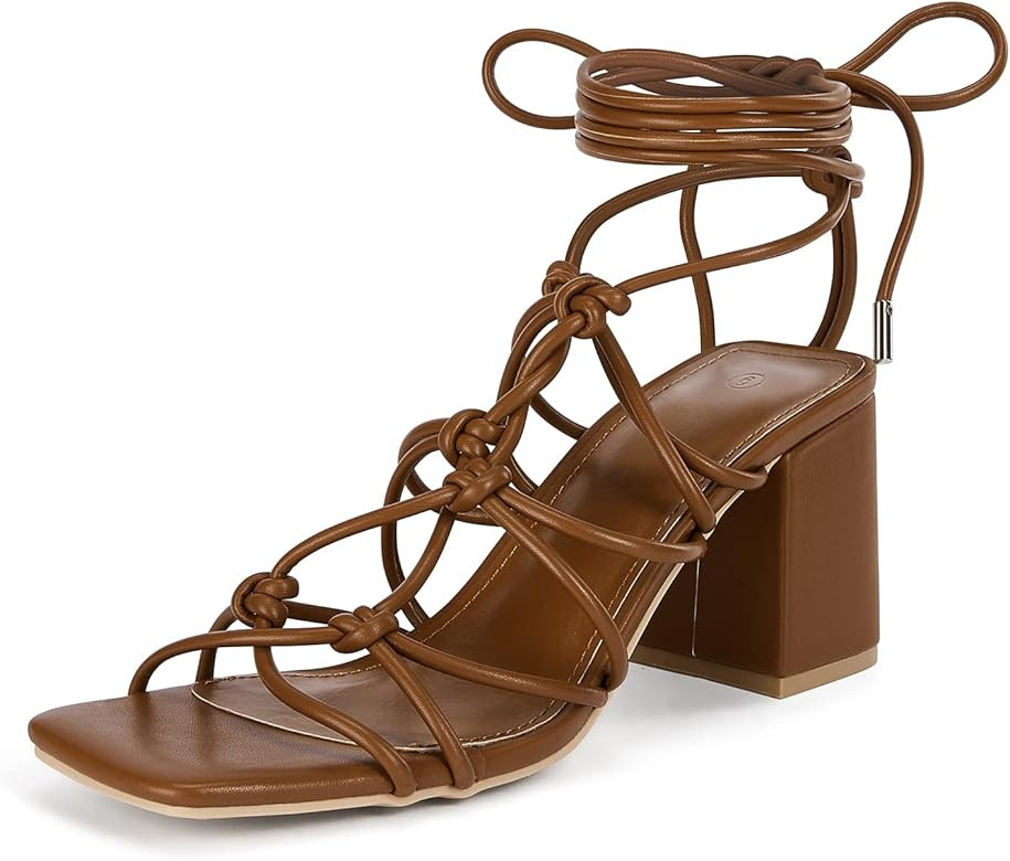 LAICIGO Womens Lace up Heeled Sandals Open Square Toe Block Heel Ankle Wrap Strappy Slingback Sum... | Amazon (US)
