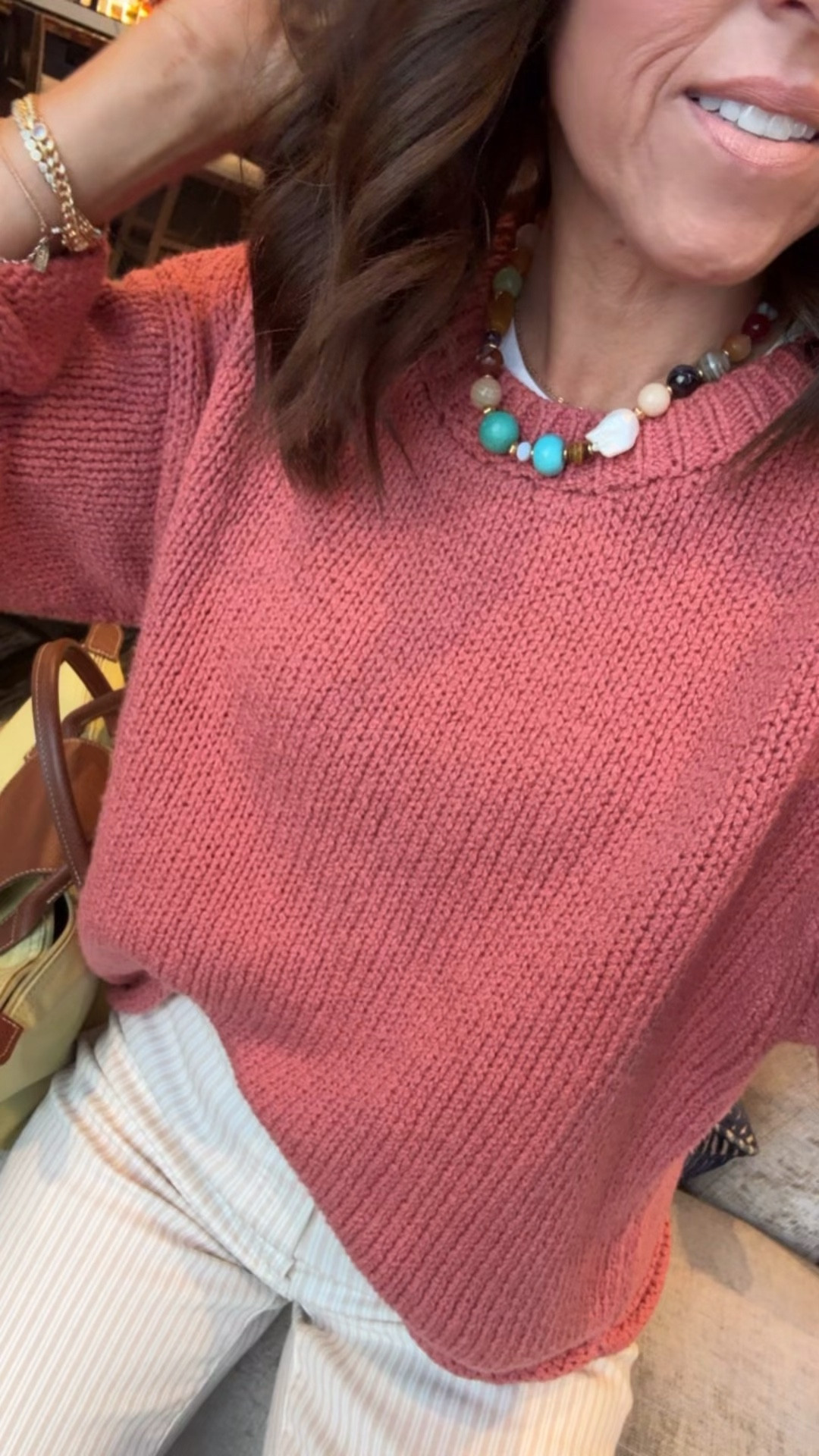 Spring outfit idea. Colorful bead necklace. Neutral stripe jeans. Mesh sneakers. Spring sweater. 
Sweater XS. Jeans down 1 size, 24. Sneakers TTS. 

#LTKootd #LTKSeasonal #LTKOver40