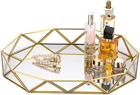 Hipiwe Gold Vanity Tray Mirror Glass Perfume Tray Large Makeup Tray Dresser Tray Home Decorative ... | Amazon (US)