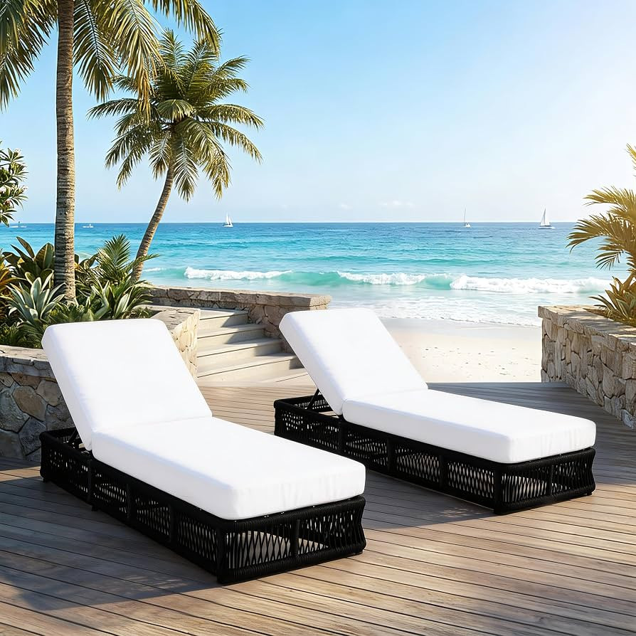 Outdoor Chaise Lounge Chair Set of 2, 5-Position Adjustable Backrest, All-Weather Black Woven Rop... | Amazon (US)