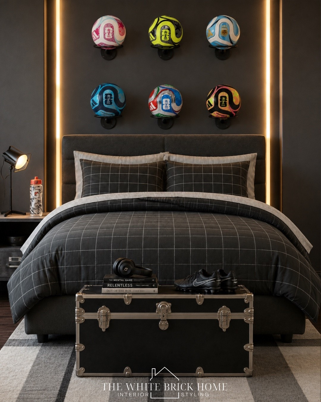 Soccer, but make it sophisticated. ⚽️🖤
This teen bedroom brings the game home with a moody black palette, warm ambient lighting, and soccer-inspired details that feel cool without going overboard. From the ball display above the bed to the backlit field at the desk, every detail was designed to grow with him.
A sports room that feels just as good as it looks. ✨
#TeenBoyBedroom #SoccerBedroom #BoysBedroom #TeenRoomDesign #SportsBedroom

#LTKHome #LTKKids #LTKSeasonal