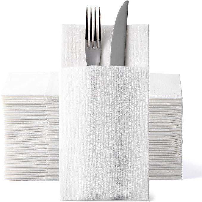 Amazon.com: MORGIANA 100 Pack White Pocket Napkins, Linen Feel Napkins with Built-in Flatware Poc... | Amazon (US)