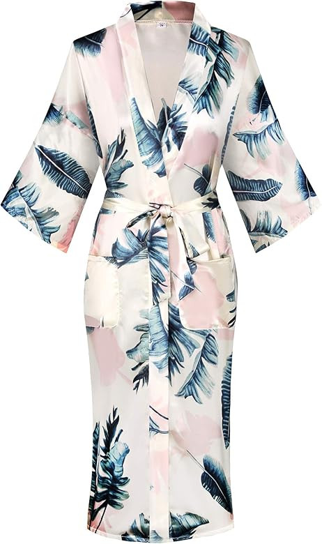Women Long Silky Bathrobe Satin Kimono Robe Floral Printed Dressing Gown Sleepwear | Amazon (US)