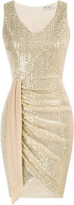 Amazon.com: GRACE KARIN Women Sleeveless Bodycon Dress Belted Ruched Sexy Club Night Sequin Dress... | Amazon (US)