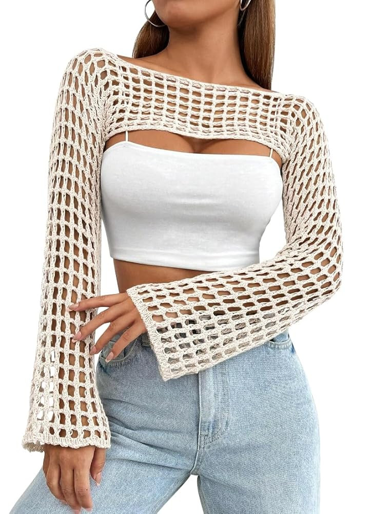 Womens Crochet Shrug Y2K Hollow Out Bolero Shrug See Through Cropped Knit Sweater Top | Amazon (US)