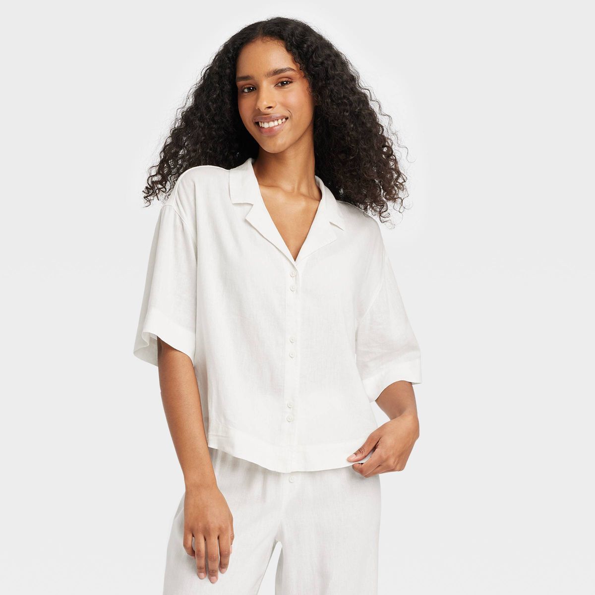 Women's Linen Blend Button-Up Pajama Top - Stars Above™ White M | Target