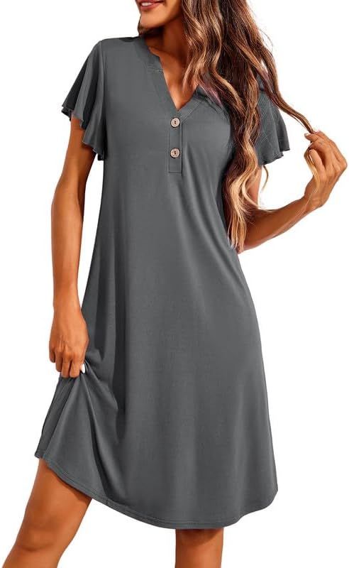 Ekouaer Women's Nightgown Short Sleeve Sleepshirt V-Neck Sleepwear Soft Nightshirt Pajama Dress S... | Amazon (US)