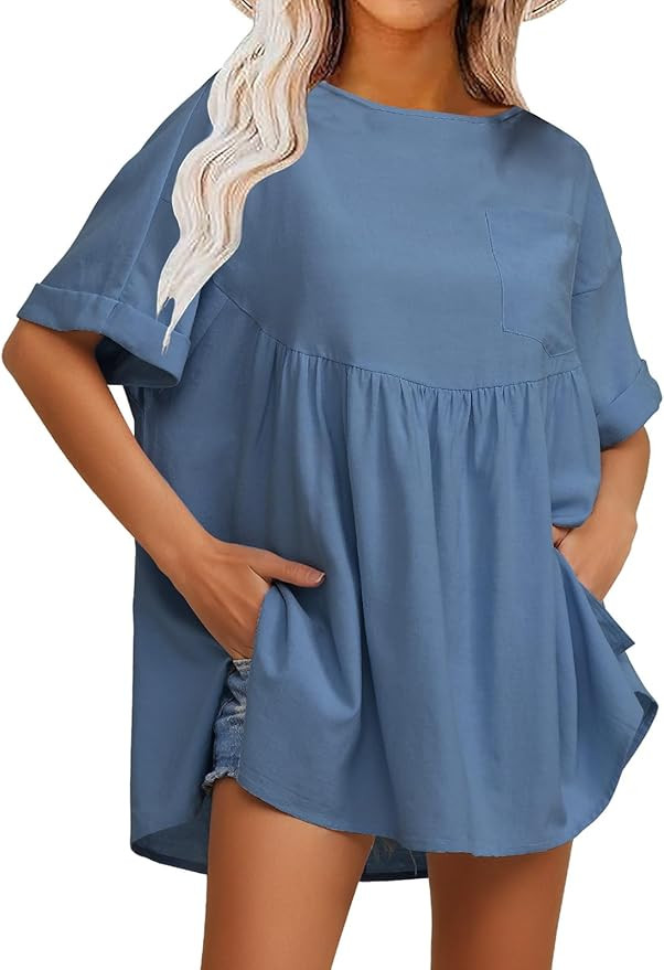 EXLURA Womens Short Sleeve Summer Tops Casual Loose Maternity Babydoll Peplum Tops Oversized Shir... | Amazon (US)