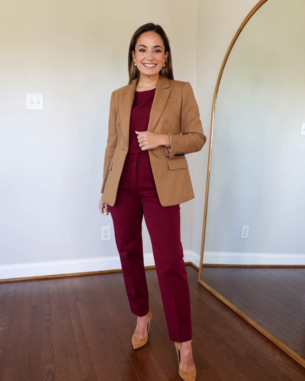 Four ways to wear red this season!

Outfit 1:
Blazer (J.Crew): petite 00 - true to size 
Burgundy top (J.Crew Factory): xxs 
Burgundy pants (J.Crew Factory): petite 00
Shoes: tts 

Outfit 2:
Sleeveless dress (Walmart): xs - true to size, great staple dress, comes in other colors! 
Belt: xxs mini
Shoes: tts 

Outfit 3:
White sweater (J. Crew Factory): xxs 
White long sleeve top (Nordstrom): xxs 
Burgundy pants (J. Crew Factory): petite 00 
Tote in cappuccino 
Shoes: tts 

Outfit 4: 
Pleated skirt dress (Walmart): xs - dress runs large, I recommend a size down for the best fit (if you’re able to) 
Shoes: tts 

My measurements for reference: 4’10” 105lbs bust, waist, hips 32”, 24”, 35” size 5 shoe. 25” inseam measurement to my ankle bone.

#LTKWorkwear #LTKStyleTip #LTKSeasonal
