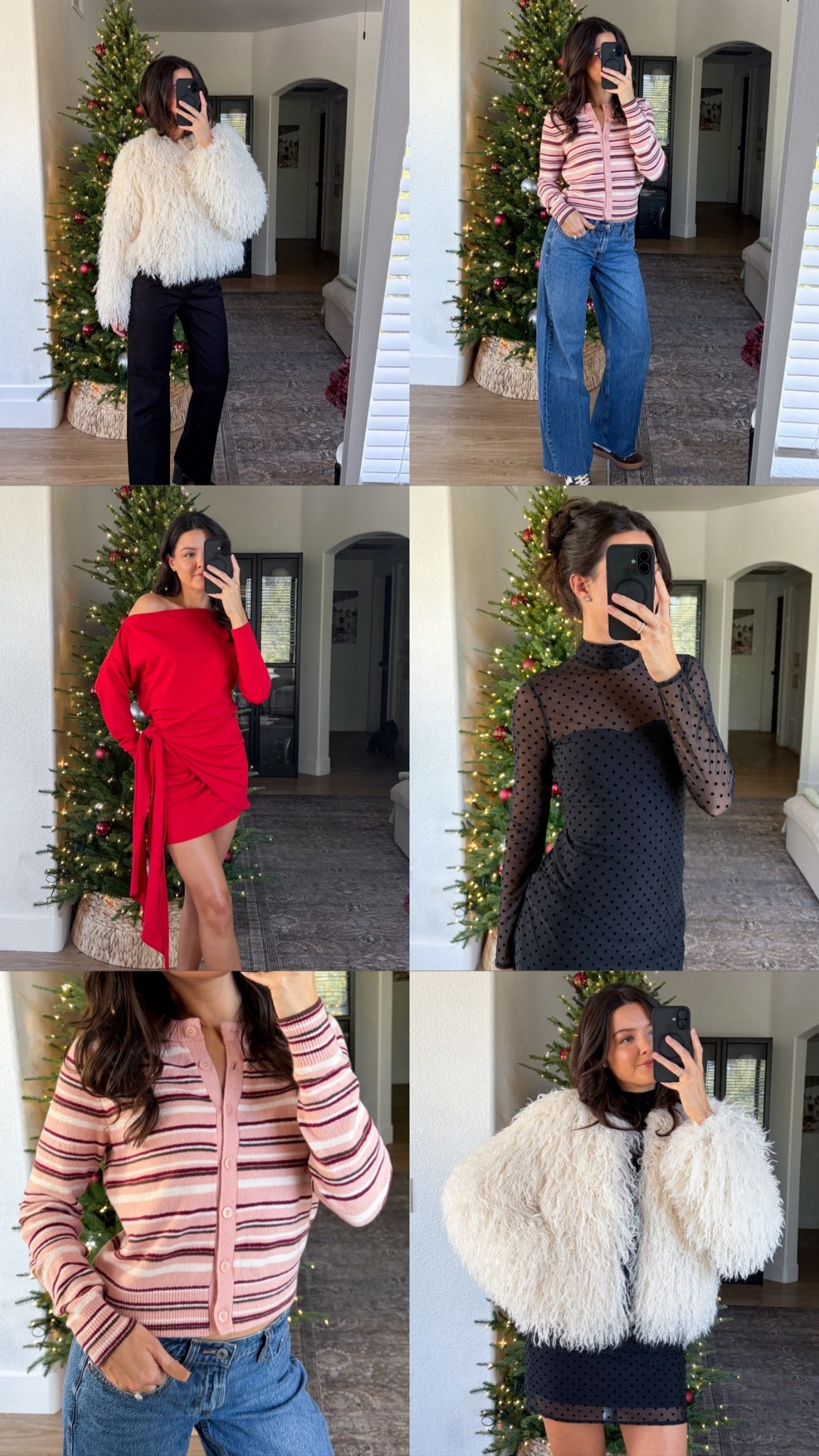 #abercrombiepartner the best time of year @abercrombie! 🎄Here are a few of my favorite looks for the holiday season! I’m 5’7” wearing a size XS reg in the black dress, XS long in the red dress, XS in the faux fur jacket, small in the striped cardigan, and 25 regular length in the low rise jeans!