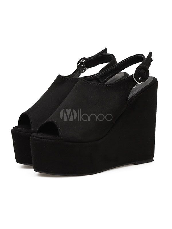 Black Wedge Sandals Women Shoes Open Toe Slingbacks Platform Sandal Shoes | Milanoo