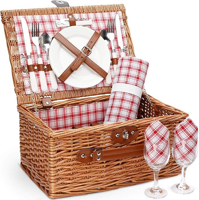 Picnic Basket for 2，Picnic Set Hamper with Waterproof Picnic Blanket, Willow Picnic Service Gif... | Amazon (US)
