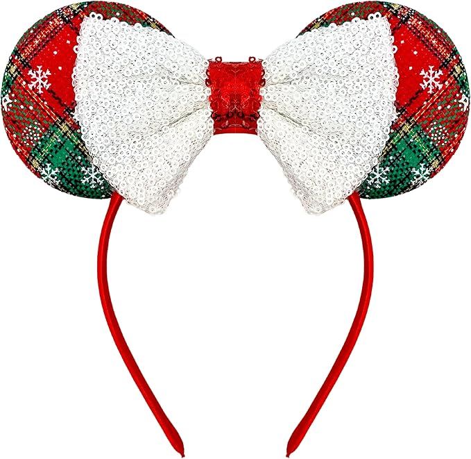 Needzo Red and Green Plaid Christmas Mouse Ear Headband, Sequin Festive Holiday Hair Accessory fo... | Amazon (US)