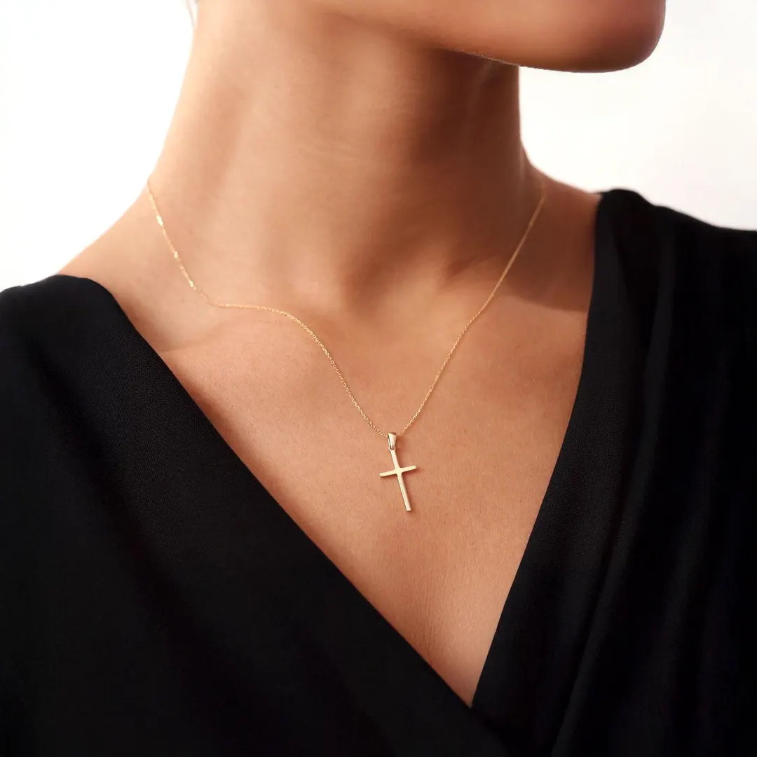 14K Solid Gold Cross Pendant Necklace: Minimalist Christian Jewelry - Etsy | Etsy (US)