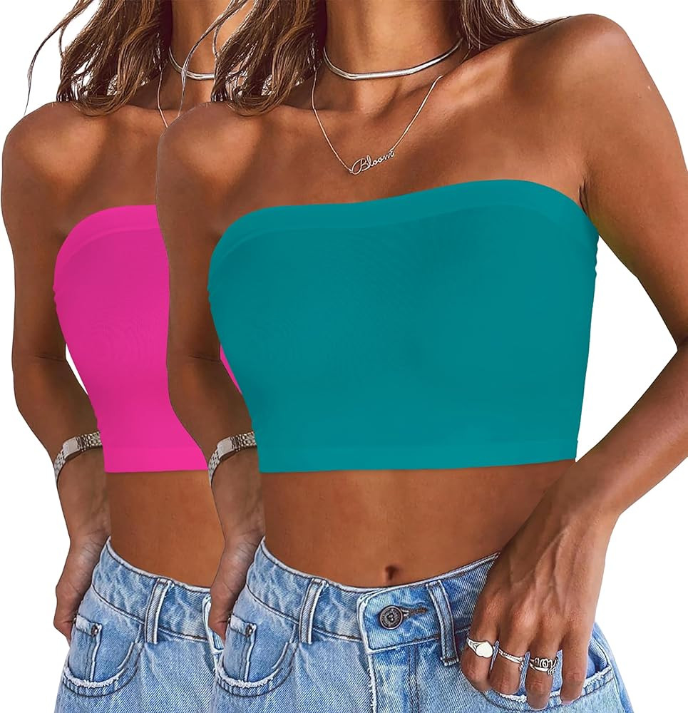 Womens Tube Tops Summer Bandeau Casual Crop Top Going Out Strapless Tank Basic Short Shirt | Amazon (US)