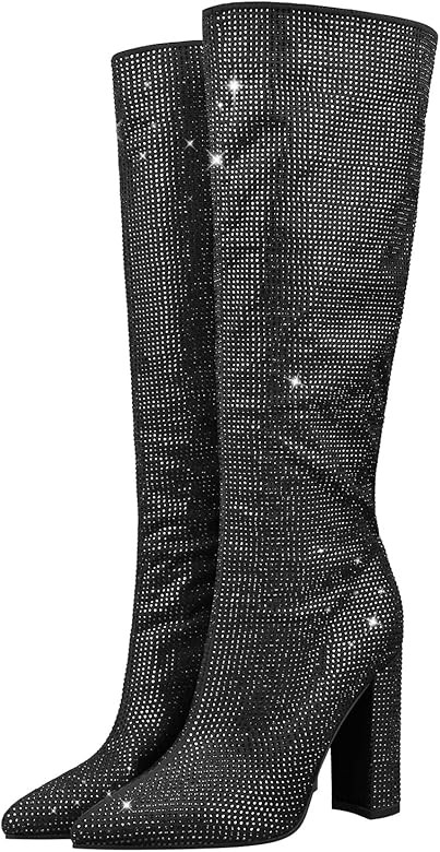 LISHAN Women's Bling bling Heel Knee High Boots Rhinestone Chunky Block Heel Pull on Shoes | Amazon (US)