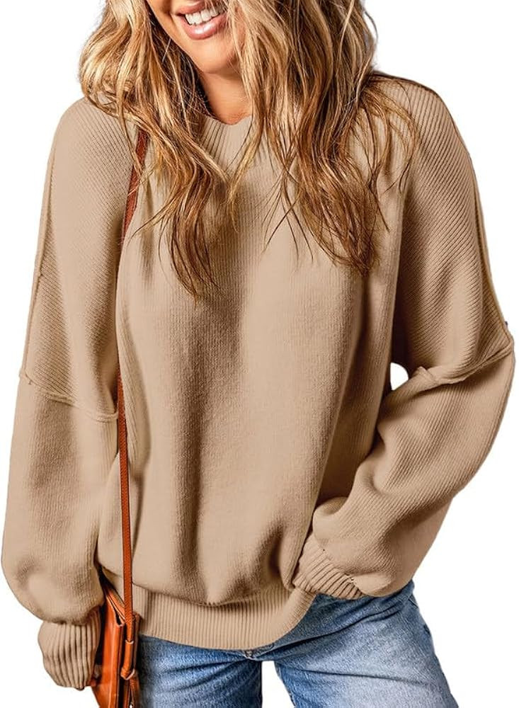 EVALESS Sweaters for Women Fashion 2024 Crewneck Batwing Sleeve Oversized Side Slit Ribbed Knit P... | Amazon (US)