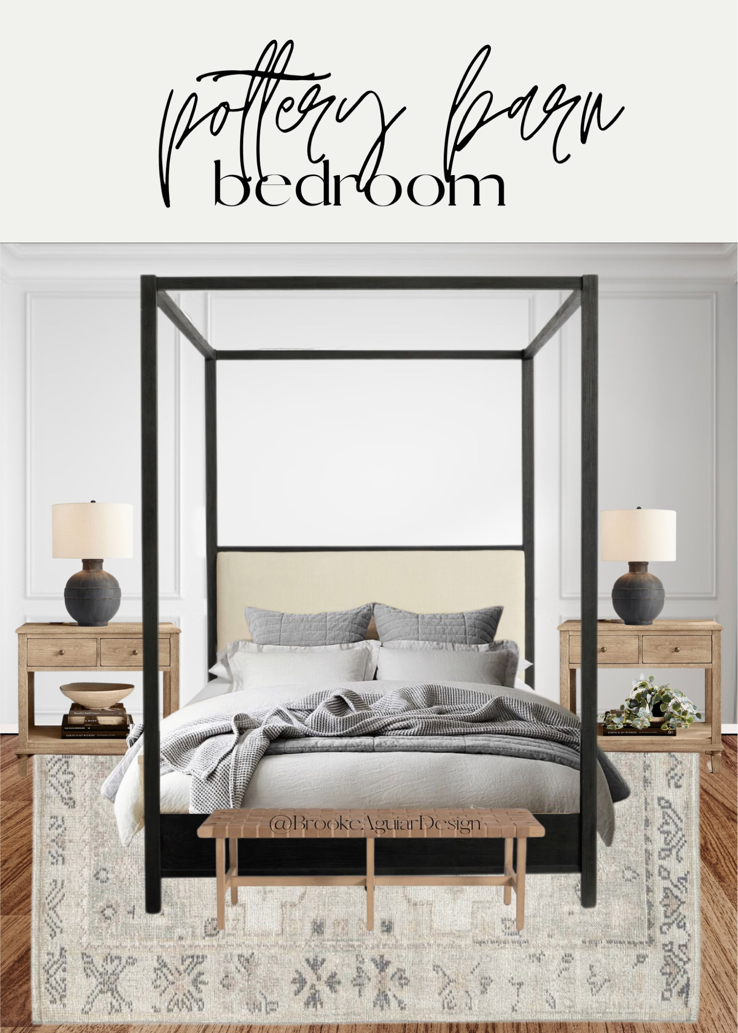 Pottery barn, canopy bed, bedroom, neutral room, wood nightstands, grey and ivory, black lamps, grey rug, grey bedding, cozy bedding 

#LTKstyletip #LTKFind #LTKhome
