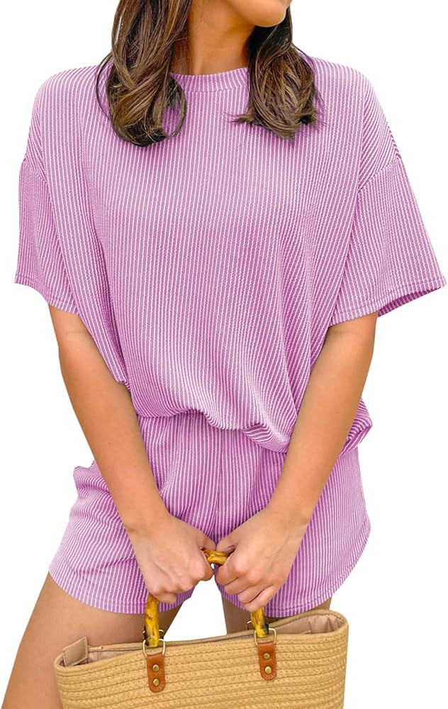 miduo Womens 2 Piece Sets Ribbed Textured Knit Casual Short Sleeve Shirts Shorts Two Piece Lounge... | Amazon (US)