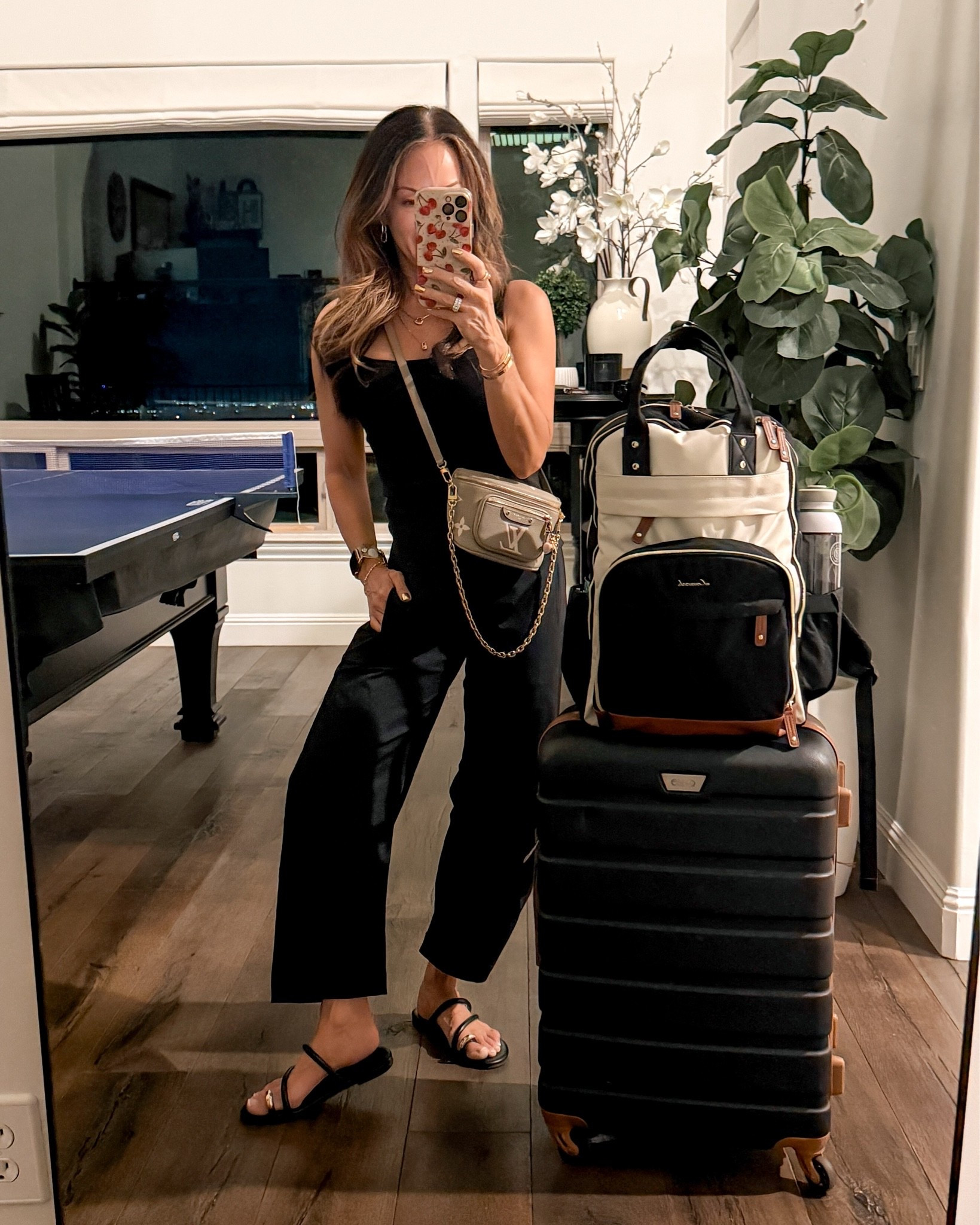 Travel outfit of the day with my favorite luggage and laptop, backpack and a size 17 inch. 
Love these pants they are a size 0 petite tank top size extra small, shoes TTS

#LTKCon #LTKOver40 #LTKSaleAlert