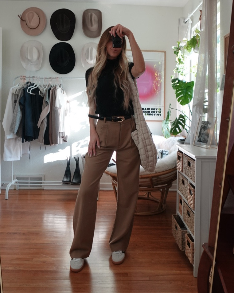 Back to school business casual outfit idea for teachers, students, and office days. 🤎 Wearing high waisted wide leg trousers with a fitted black top, belt, and comfy sneakers for an easy polished look that still feels comfortable all day. Perfect for campus, meetings, internships, or a casual work dress code. Linking the trousers, top, belt, bag, and similar workwear basics below 🫶🏼✨

#LTKTall #LTKgrwm #LTKdayinmylife