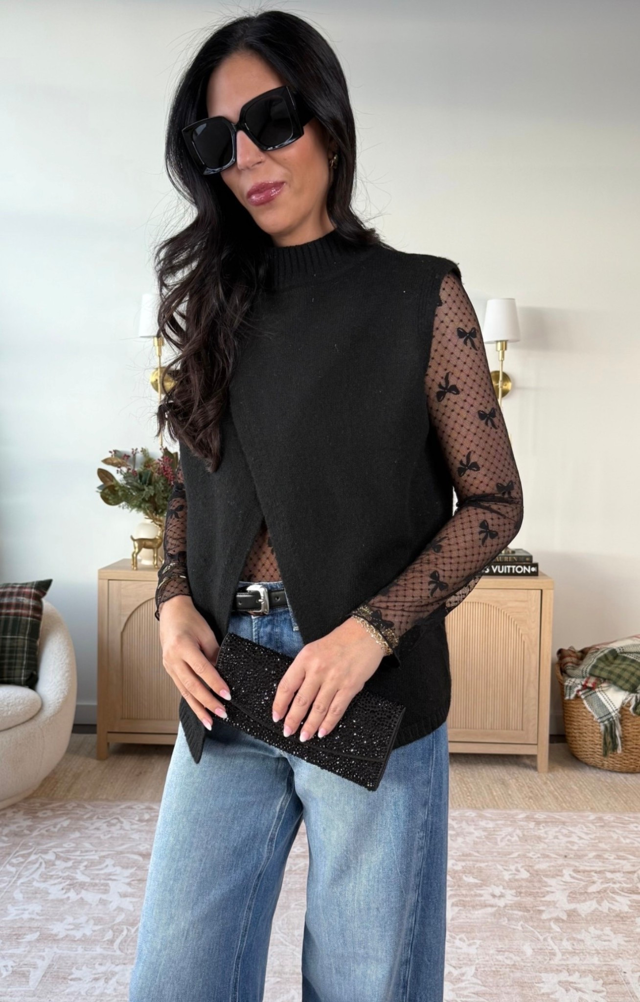 Causal holiday style- elevated with this bow lace too. 
Medium lace top 
Small sweater 
Denim- 2 long 

#LTKOver40 #LTKU #LTKHoliday