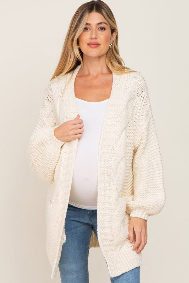 Cream Cable Knit Front Pocket Maternity Cardigan | PinkBlush Maternity
