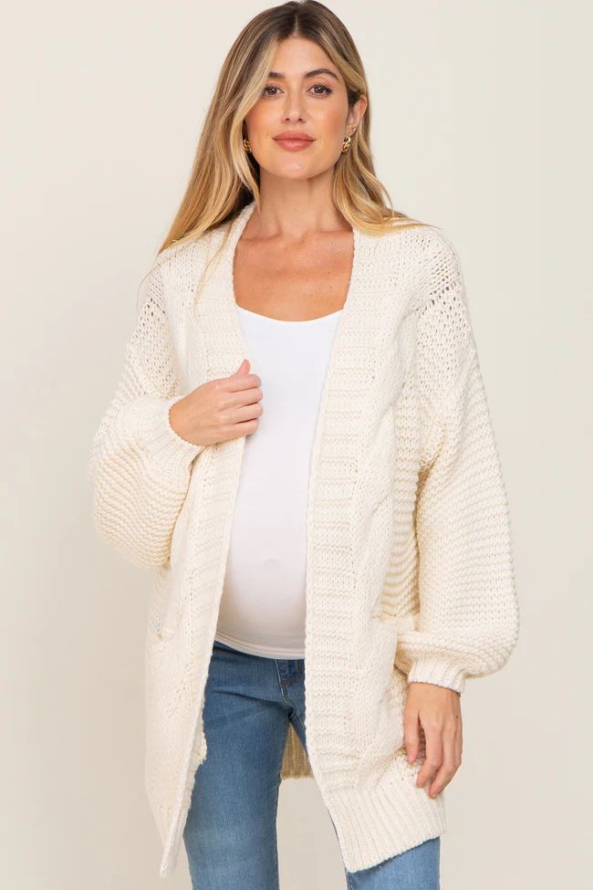 Cream Cable Knit Front Pocket Maternity Cardigan | PinkBlush Maternity