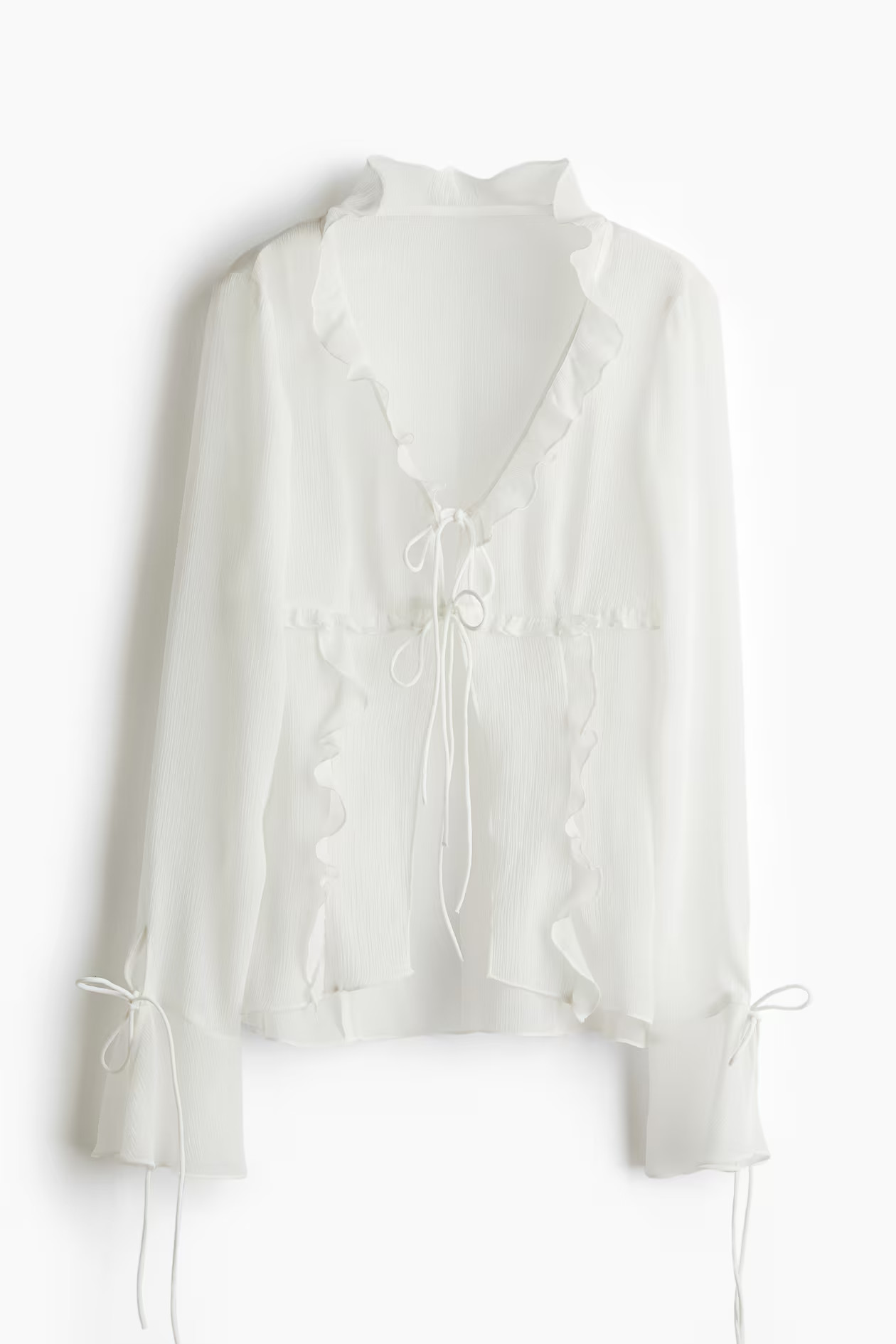 Volantshirt aus Leinenmix - V-Ausschnitt - Extralange Ärmel - White - Ladies | H&M AT | H&M (DE, AT, CH, NL, FI)