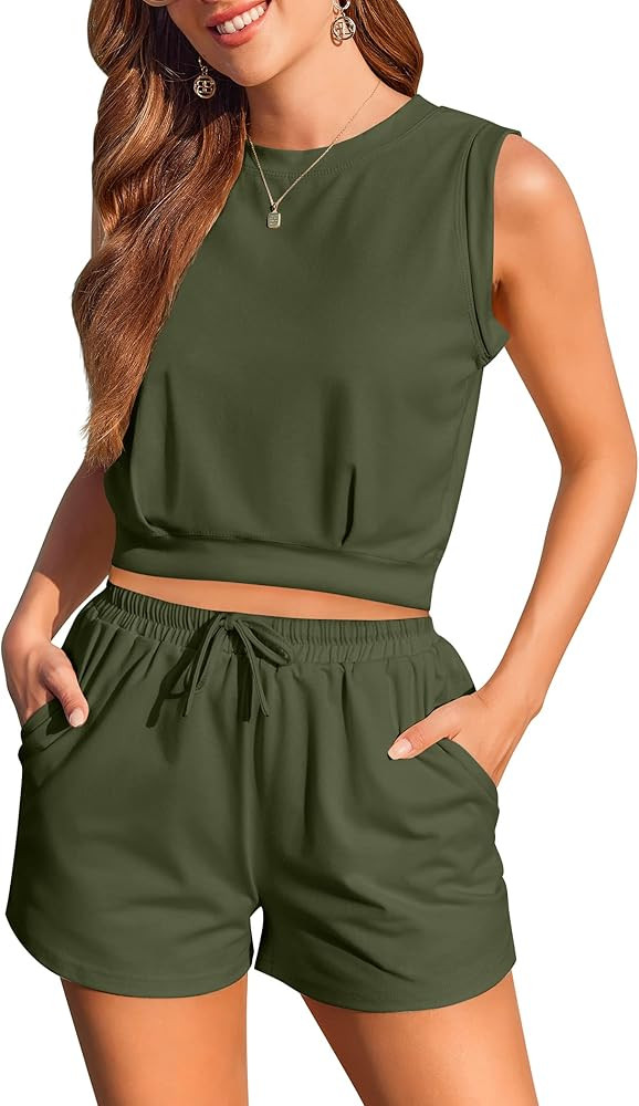 Zeagoo Womens Summer 2 Piece Outfits Sleeveless Round Neck Tops and High-waisted with Drawstring ... | Amazon (US)