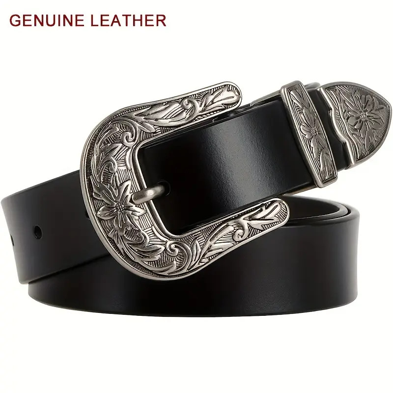Western Carved Buckle genuine Leather Belts Vintage Solid Color Cowboy Cowgirl Belts Simple Jeans... | Temu Affiliate Program