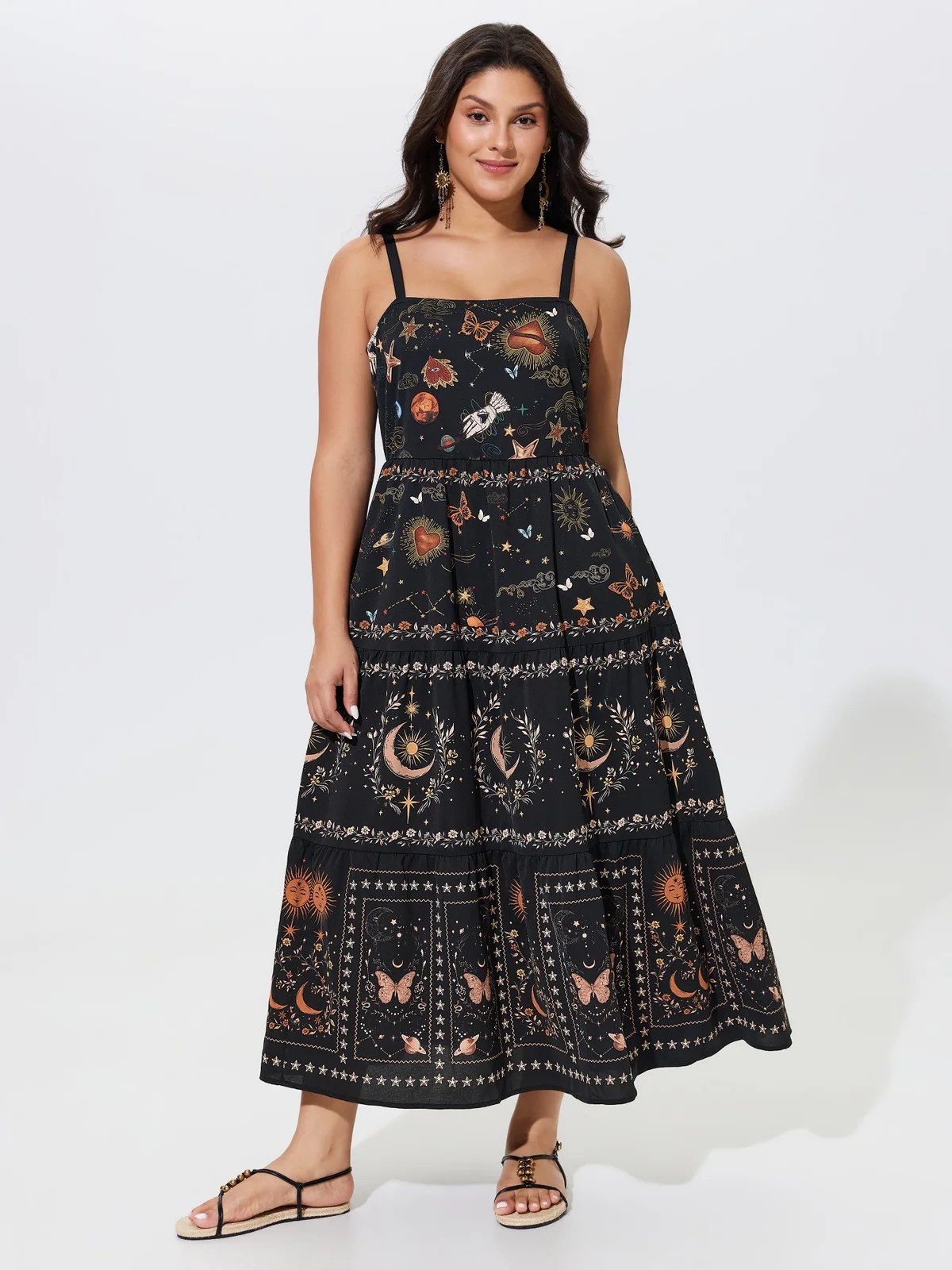 Celestial Print Shirred Tiered Maxi Dress | Bloomchic
