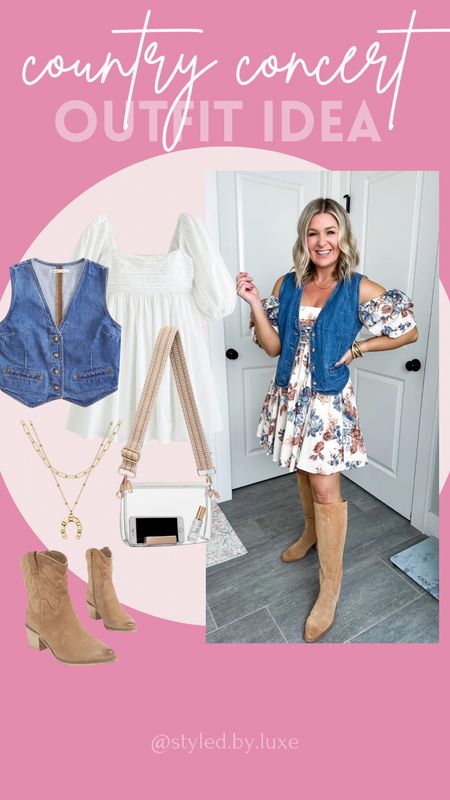 Country concert outfit idea. Pair your mini poplin dress from Abercrombie with a denim vest to get the cutest western wear look. Don’t forget your stadium approved handbag. 

#LTKSeasonal #LTKFestival #LTKfindsunder100