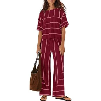 Nirovien Womens Striped Lounge Set 2 Piece Vacation Sets Short Sleeve Tops and Wide Leg Pants Tra... | Amazon (US)
