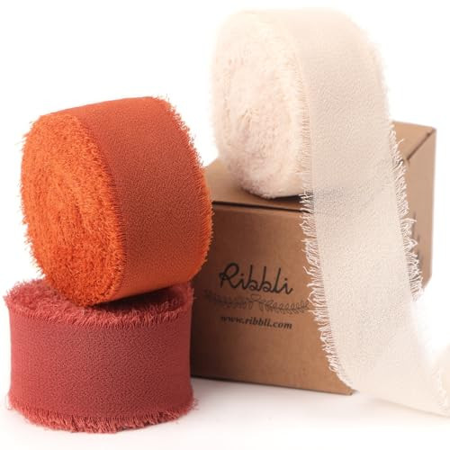 Ribbli Fall Chiffon Silk Ribbon 1Inch x 24 Yard Champagne/Terracotta/Rust Red Fringe Chiffon Fall Ribbon for Wedding Invitations, Bridal Bouquets Wrapping, Flower Arrangement Decoration | Amazon (US)